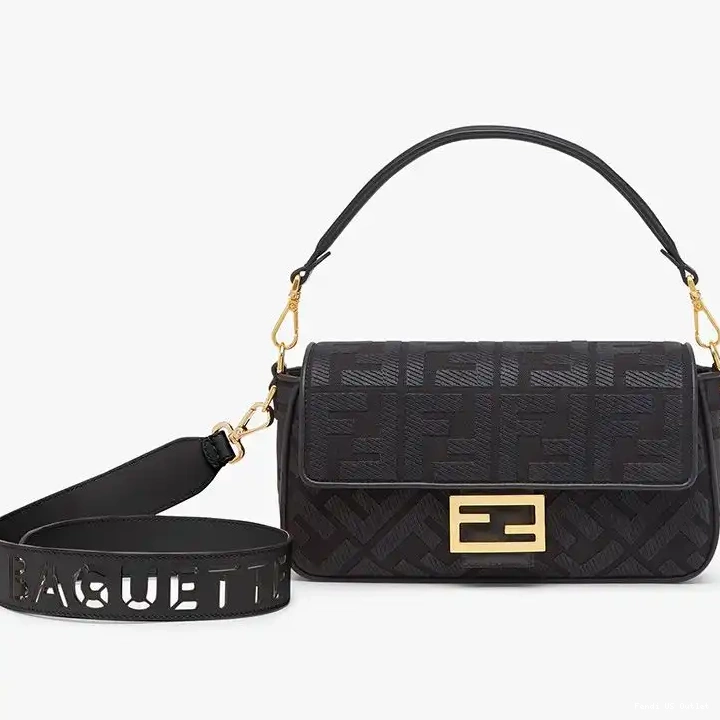 Vintage HOT Black Strap FF Medium Fendi Motif with In Baguette Cut Canvas Laser Bag 0624
